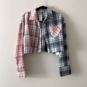 Boutique Plaid Crop Top with Oversized Cuffs - Size M